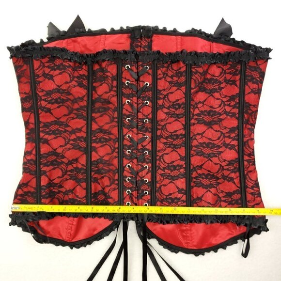 Red Black Corset Floral Lace Bows Boudoir Burlesque Lingerie Plus Size 5XL - Picture 12 of 12